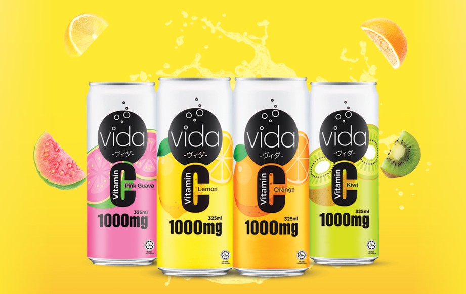 vida C range — Pink Guava, Lemon, Orange, Kiwi 325ml cans