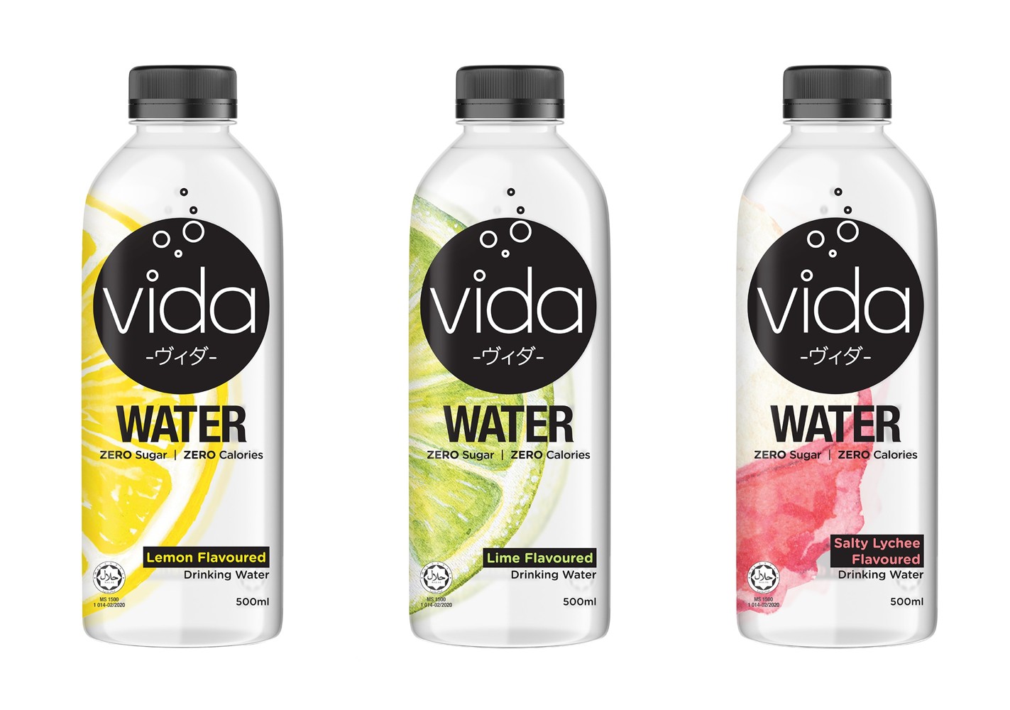 vida WATER range — Lemon, Lime, Salty Lychee 500ml bottles